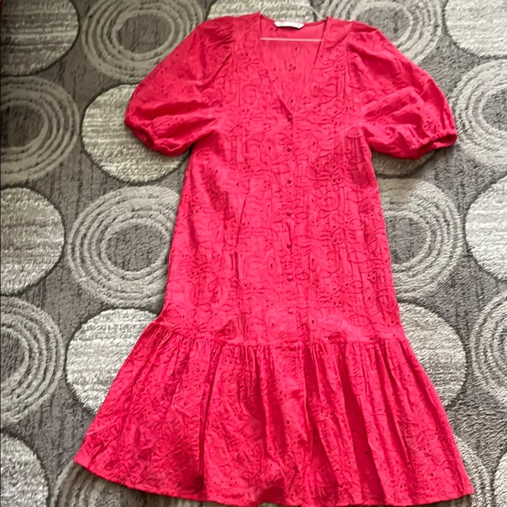 Zara Red Eyelet Midi Dress with Puff Sleeves